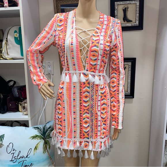 PRETTYLITTLETHING NWOT! Orange/White Sequin Fringe V-Neck Long Sleeve Dress - Picture 3 of 17